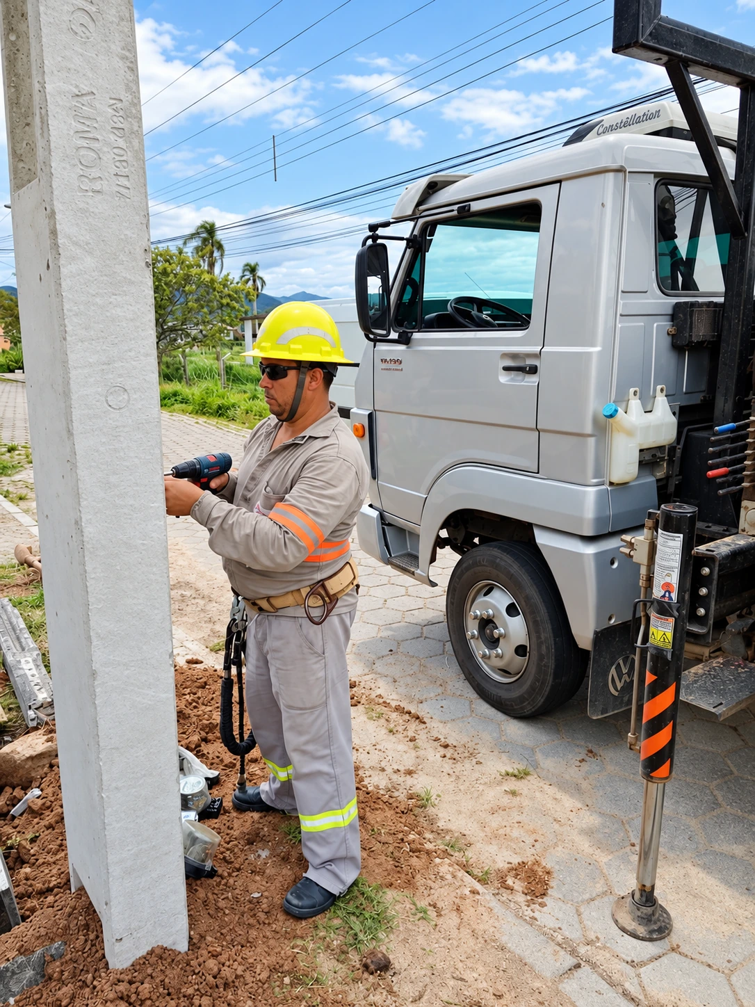 Eletricista trabalhando no kit poste de concreto com caminhão de apoio ao lado