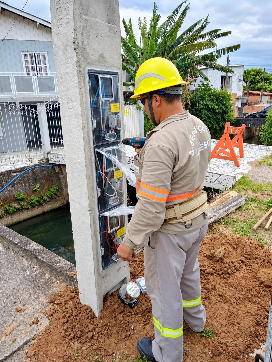 Eletricista montando os componentes do quadro de medição no kit poste