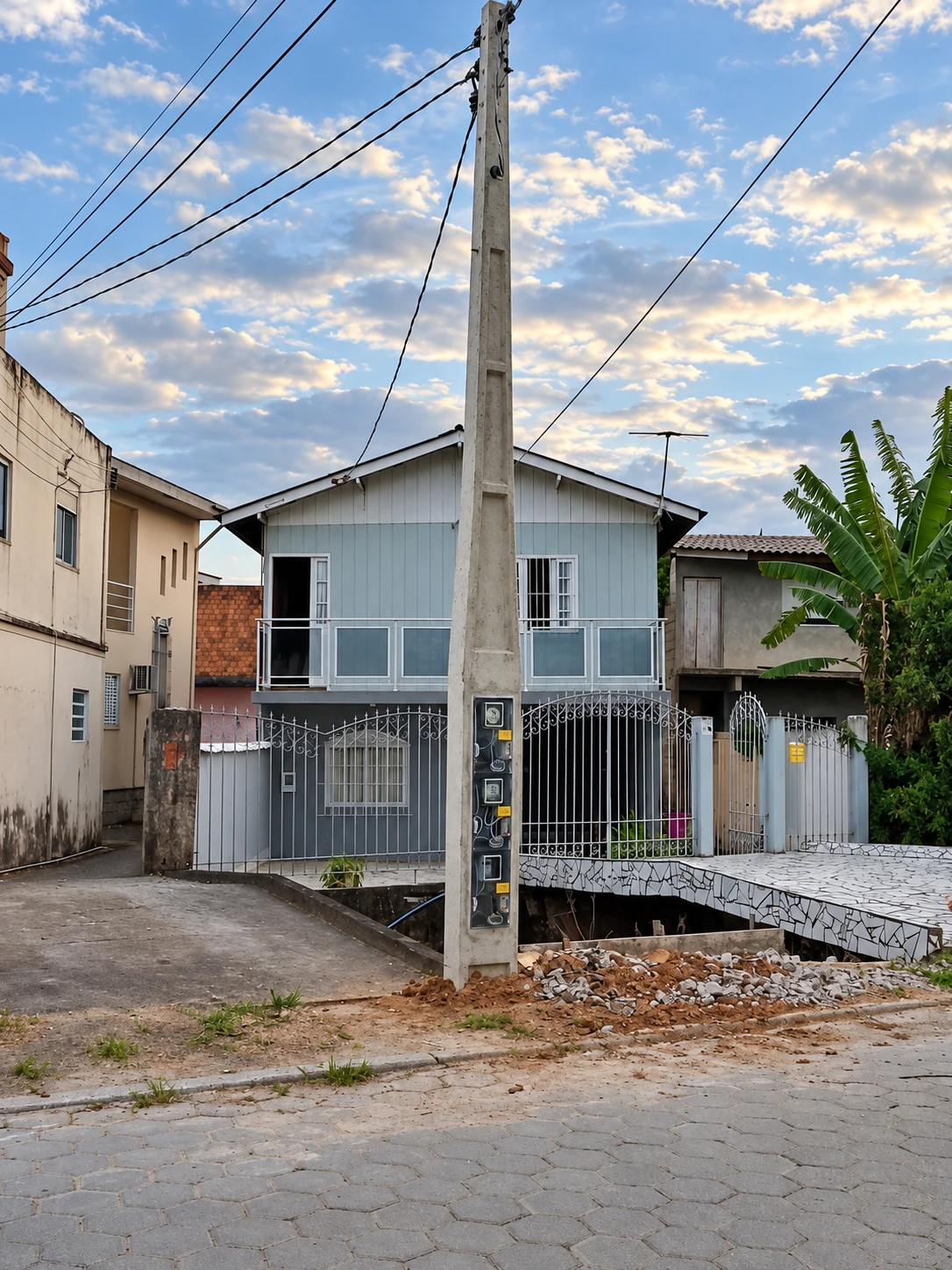 Kit poste padrão de entrada de energia instalado em frente a um imóvel residencial