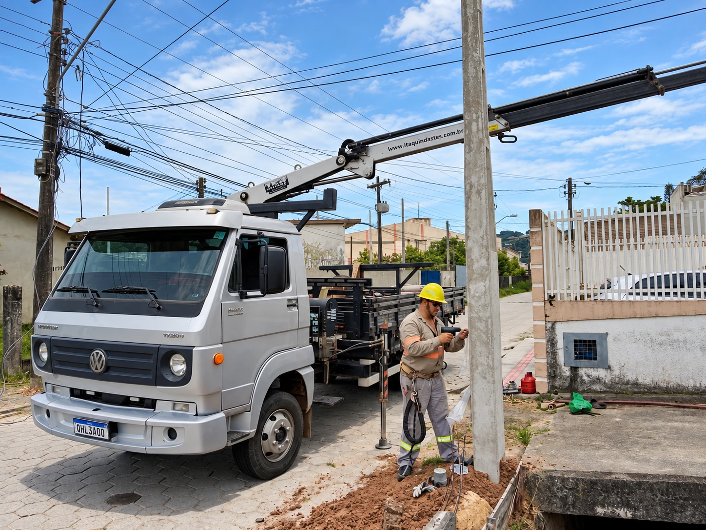 Caminhão com equipamento de içamento e eletricista ao lado do kit poste durante a instalação